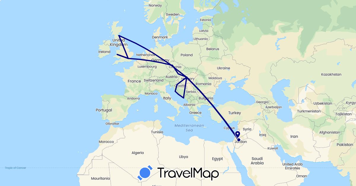 TravelMap itinerary: driving in Austria, Czech Republic, United Kingdom, Croatia, Hungary, Jordan (Asia, Europe)